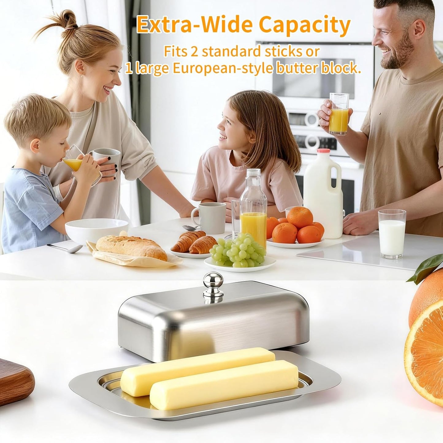 Stainless Steel Butter Dish with Lid and Handle, 7.5" x 5", Keeps Fresh, Fits Standard Sticks