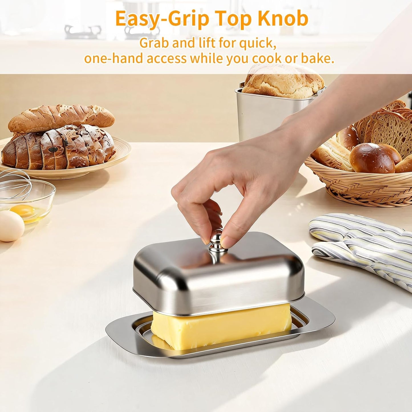 Stainless Steel Butter Dish with Lid and Handle, 7.5" x 5", Keeps Fresh, Fits Standard Sticks