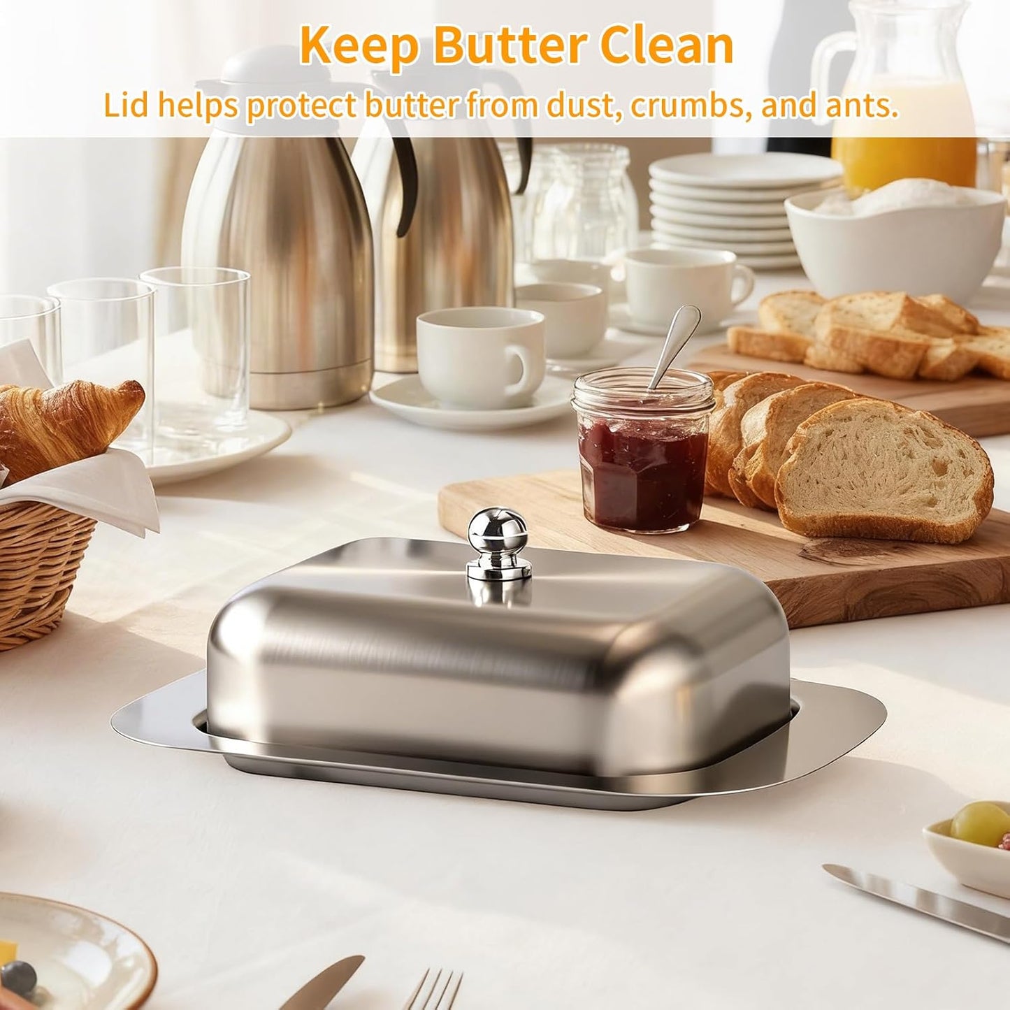 Stainless Steel Butter Dish with Lid and Handle, 7.5" x 5", Keeps Fresh, Fits Standard Sticks