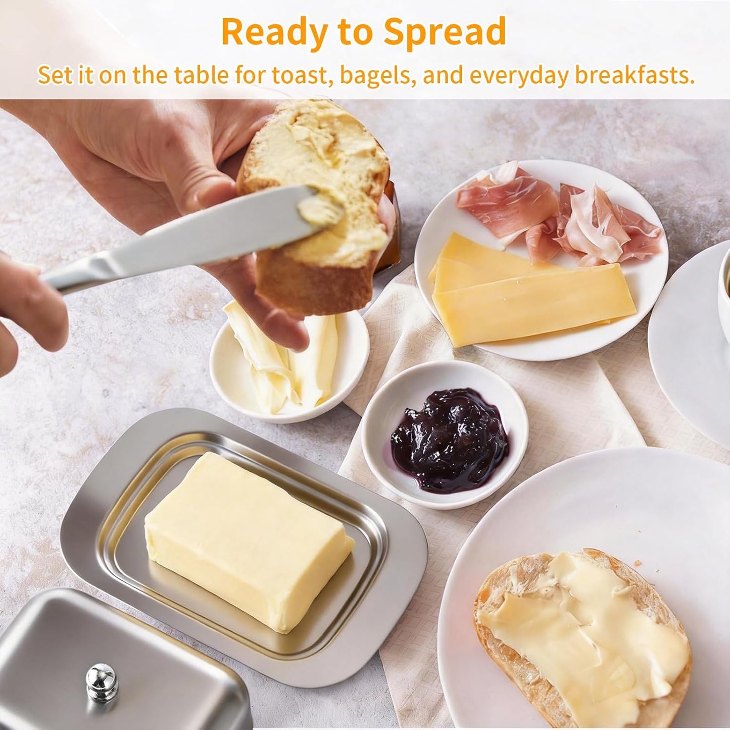 Stainless Steel Butter Dish with Lid and Handle, 7.5" x 5", Keeps Fresh, Fits Standard Sticks