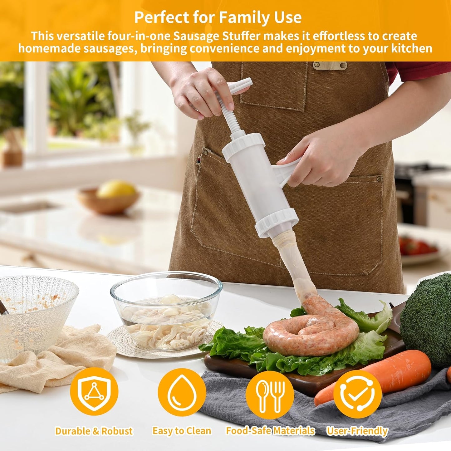 Manual Sausage Stuffer with 4 Stuffing Tubes, BPA-Free Plastic Meat Filler, 12/15/20/24mm Tubes for Natural, Collagen Casings, DIY Hot Dogs, Bratwursts