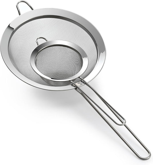 Premium 304 Stainless Steel Fine Mesh Strainer – Multi-Use Colander, Sieve, and Filter for Rice, Juice, Quinoa, Flour, Baking, Cooking, Meal Prep Durable, Easy-to-Clean Kitchen Tool  7.1 in + 3.9