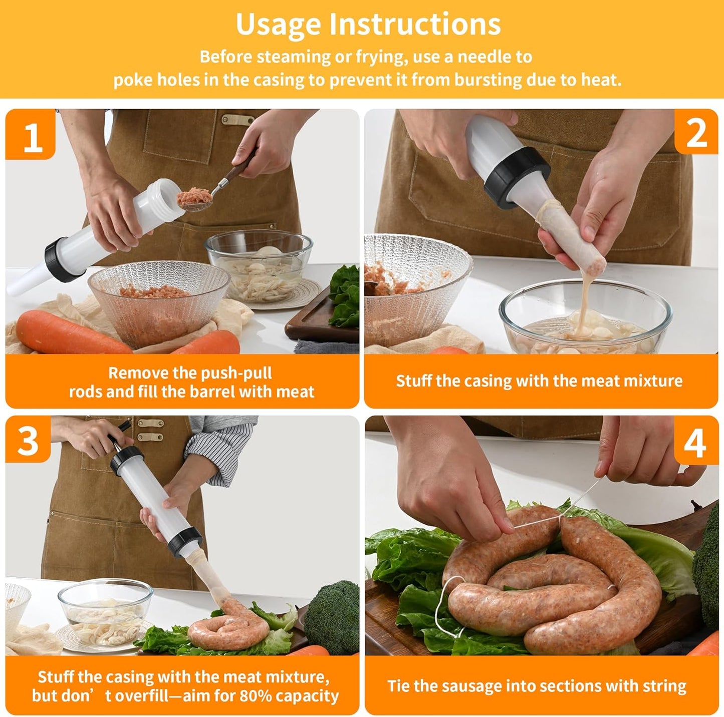 Manual Sausage Stuffer, Black, BPA-Free, Handheld with 4 Stuffing Tubes, for Hot Dogs and Bratwurst