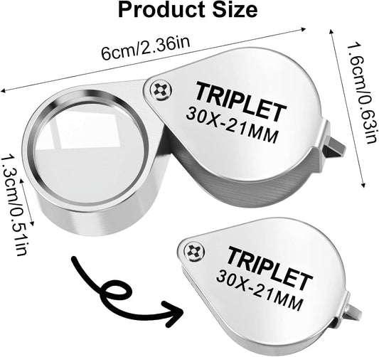 Xindojuz 2 PCS Jewelers Loop Magnifier, Pocket Foldable 30X 21mm Jewelry Eye Small Magnifying Glass Jewelers loupe Magnifier Set for Gems Diamonds Plants Coins Stamps Antiques and More (Silver)
