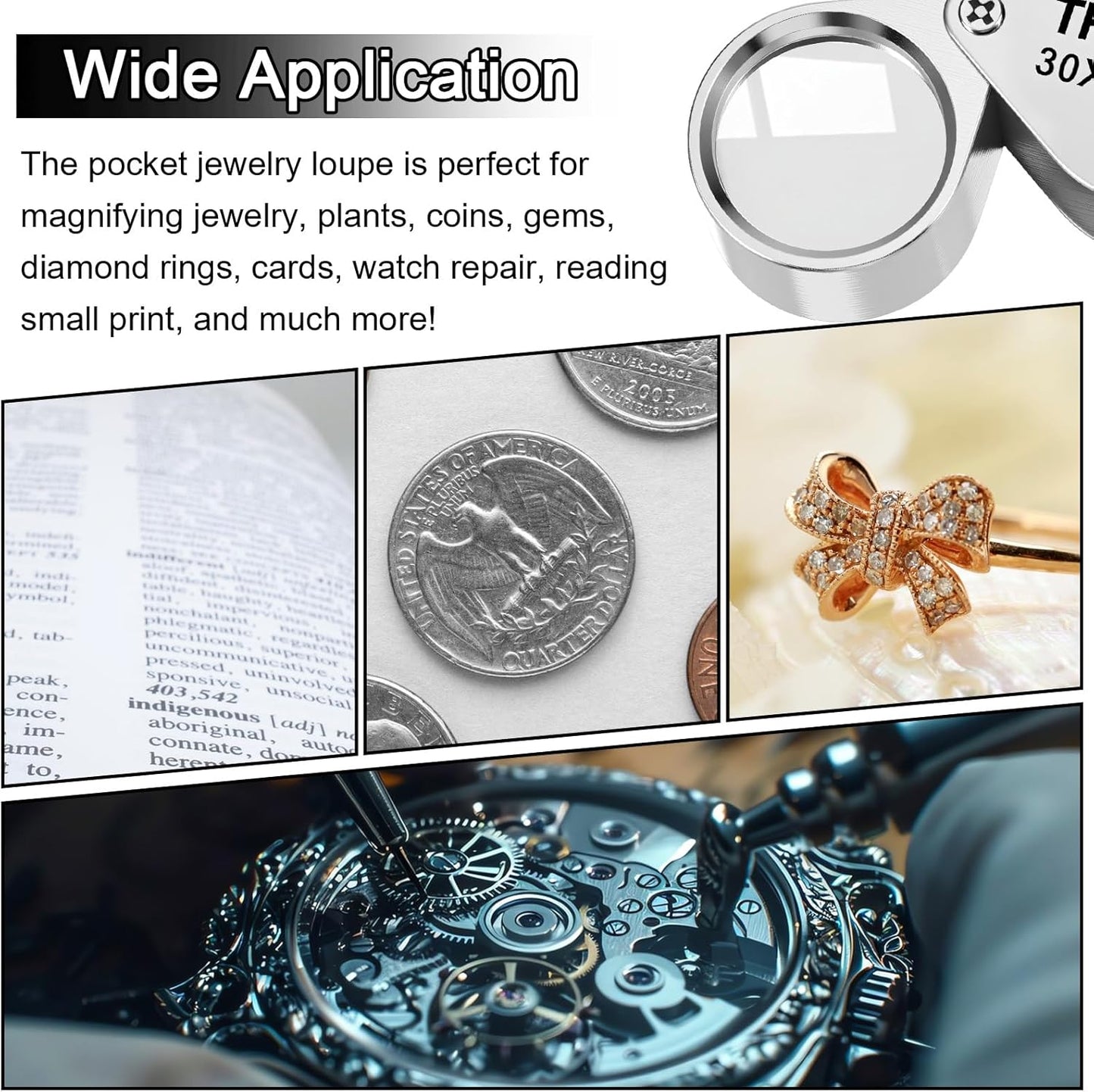 Xindojuz 2 PCS Jewelers Loop Magnifier, Pocket Foldable 30X 21mm Jewelry Eye Small Magnifying Glass Jewelers loupe Magnifier Set for Gems Diamonds Plants Coins Stamps Antiques and More (Silver)