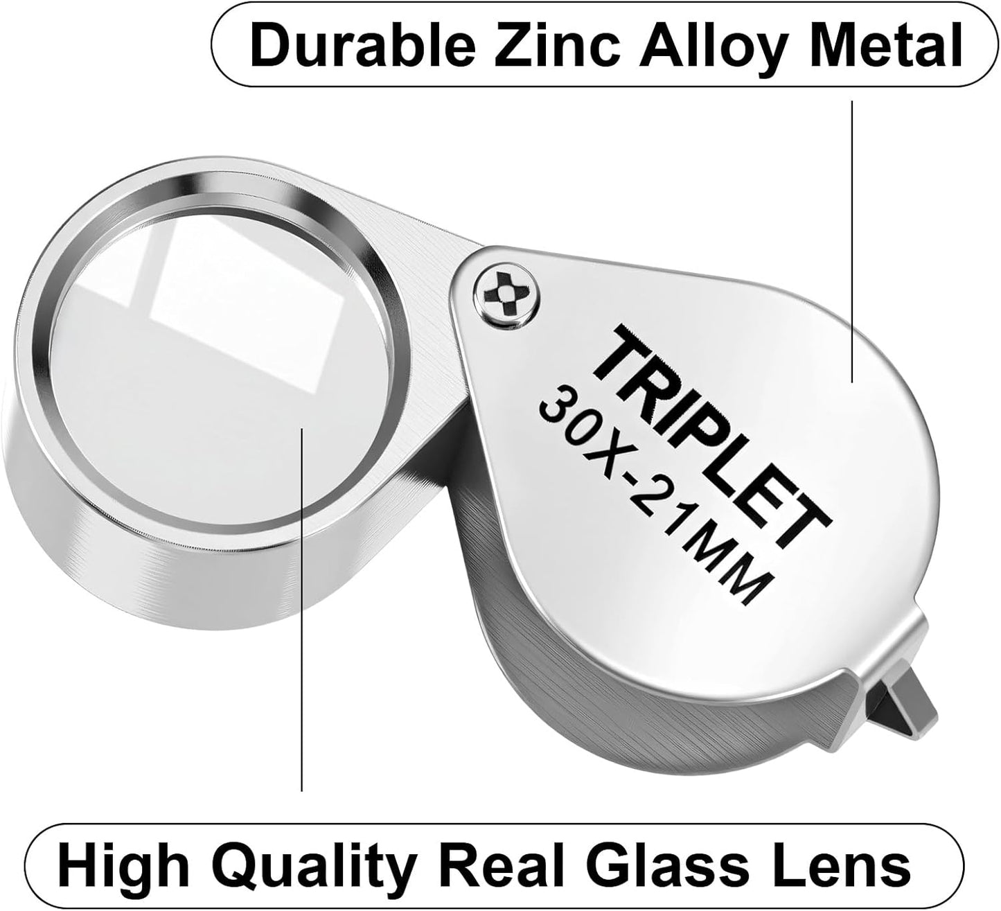 Xindojuz 2 PCS Jewelers Loop Magnifier, Pocket Foldable 30X 21mm Jewelry Eye Small Magnifying Glass Jewelers loupe Magnifier Set for Gems Diamonds Plants Coins Stamps Antiques and More (Silver)