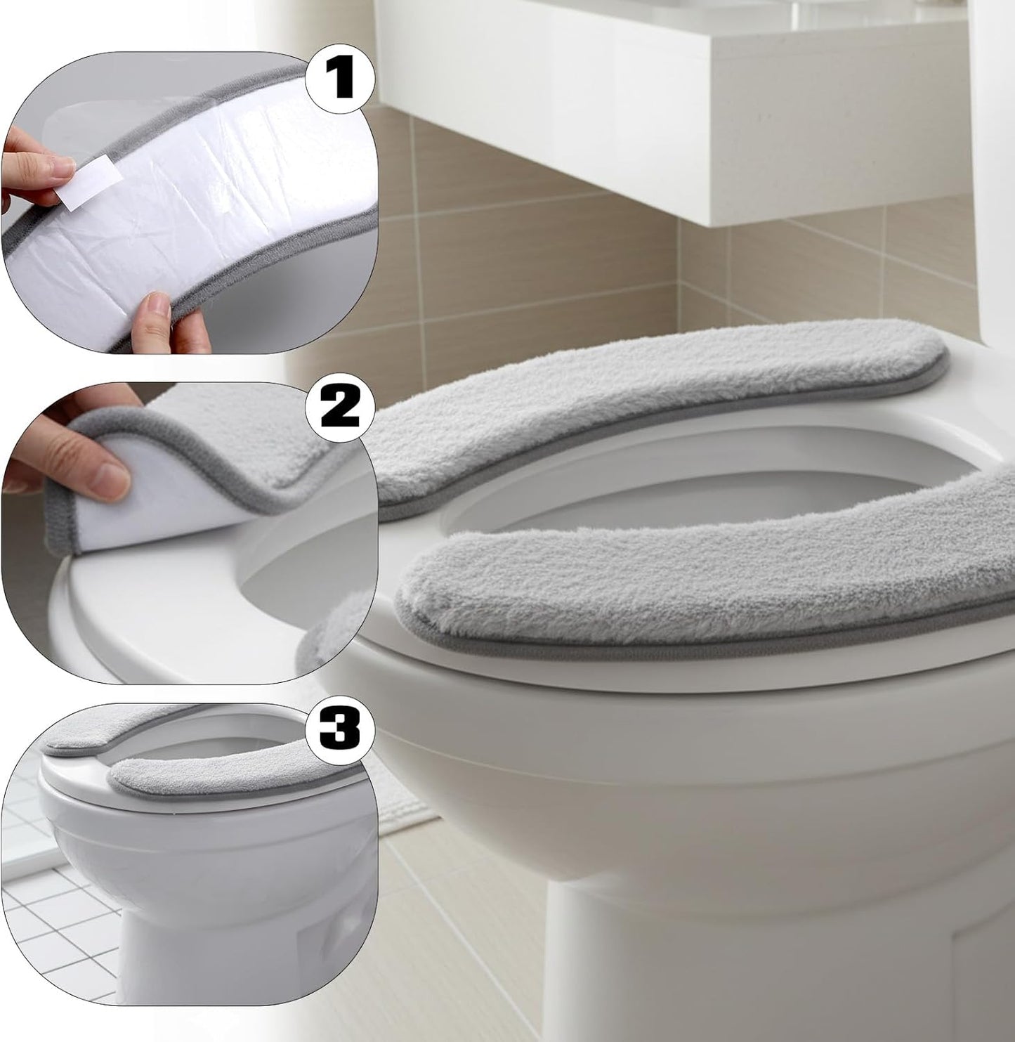 2 PCS Thick and Elastic Toilet Seat Cushion Cover, Washable Soft Padded Toilet Seat Elongated, Easy Install with Double-Sided Hook and Loop Fastener, Seats Mat Cushions for Elderly, Seniors (Gray)