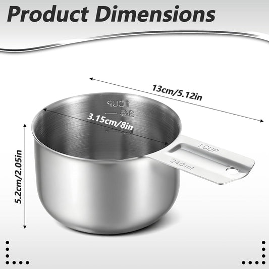 Xindojuz 1 Cup Single Stainless Steel Measuring Cup, Etched Inner Scale Metal Measure Scoop for Cooking Baking, Laundry Detergent, Wet and Dry Ingredients, Dishwasher Safe (240 ml, 8 oz)