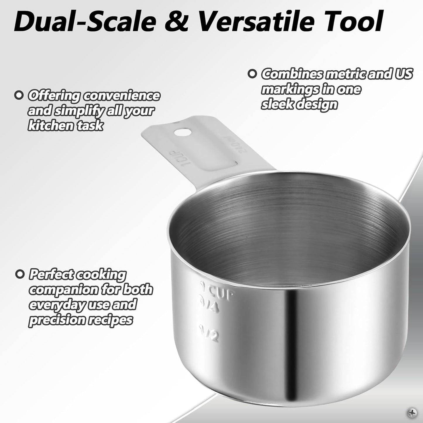 Xindojuz 1 Cup Single Stainless Steel Measuring Cup, Etched Inner Scale Metal Measure Scoop for Cooking Baking, Laundry Detergent, Wet and Dry Ingredients, Dishwasher Safe (240 ml, 8 oz)