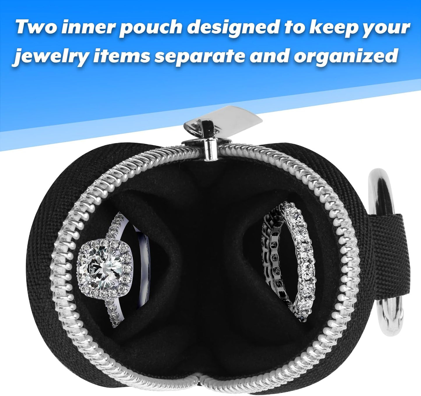 Homakover Portable Ring Organizer Case with Keychain, Traveling Ring Holder Storage Bag, Anti-Lost Keychain Container for Rings, Jewelry (1, Black)
