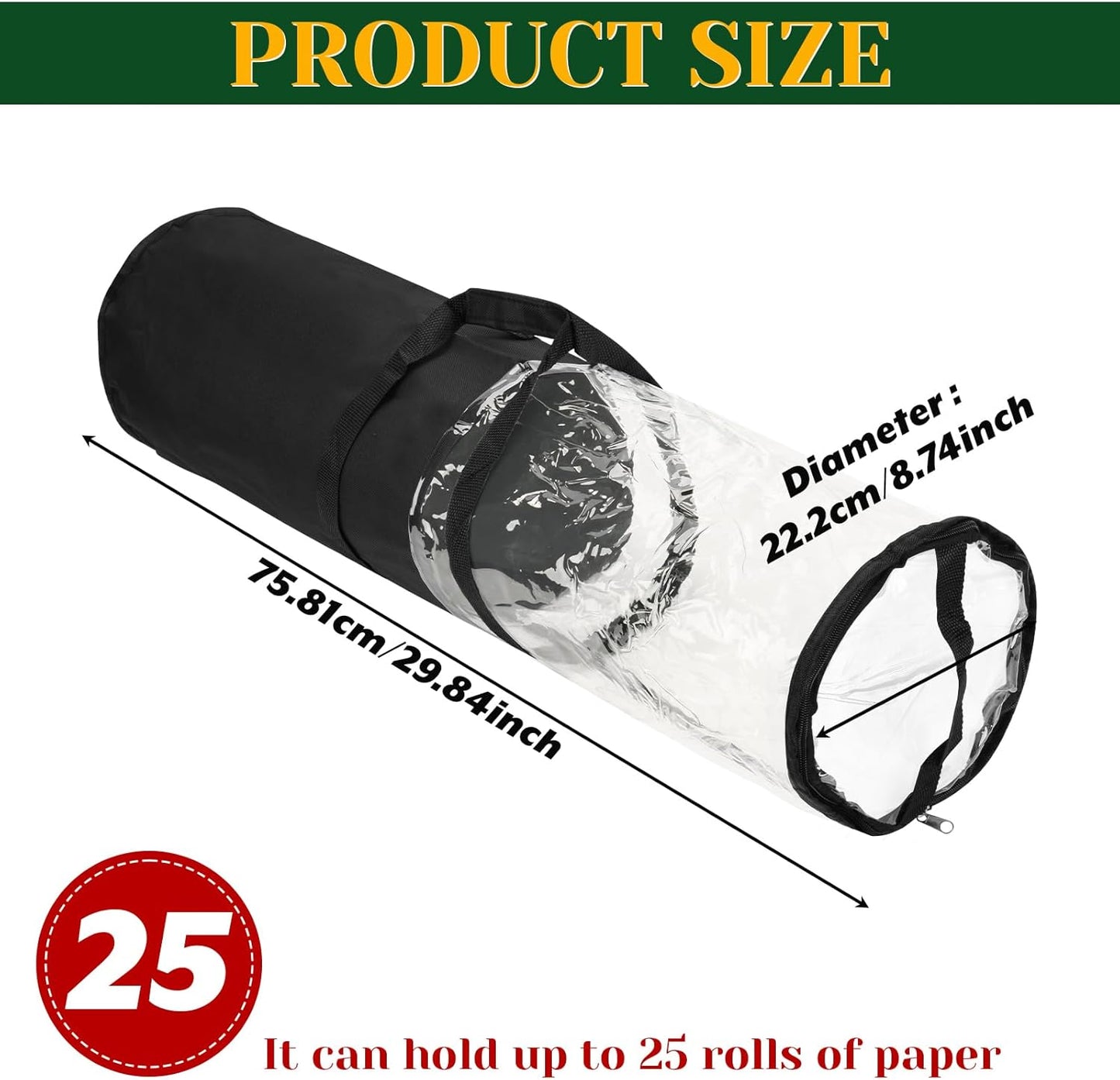 Homakover Clear PVC Christmas Wrapping Paper Organizer Storage, 30" Gift Wrap Organizer Zippered Storage, Fit for 18-25 Rolls (Black)