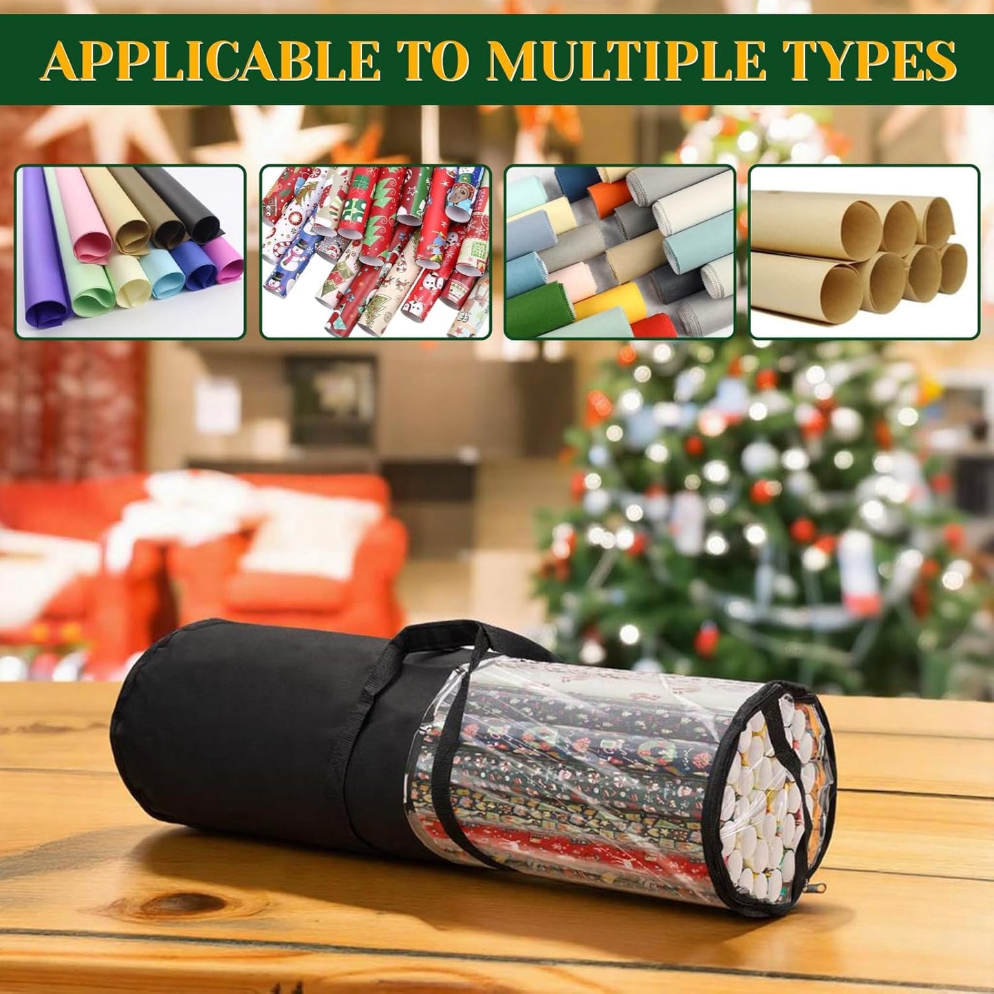 Homakover Clear PVC Christmas Wrapping Paper Organizer Storage, 30" Gift Wrap Organizer Zippered Storage, Fit for 18-25 Rolls (Black)