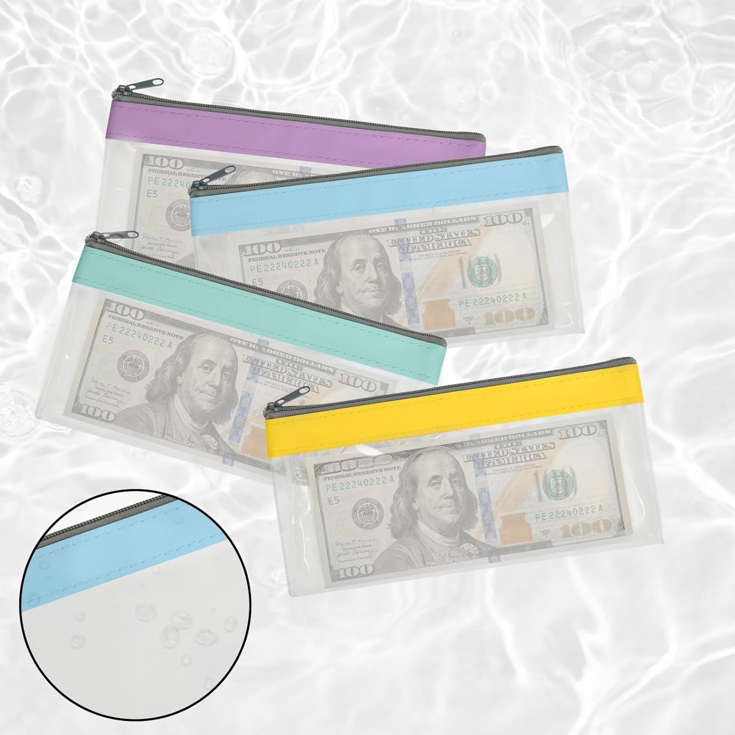 4 Pack Multi-Purpose Money Pouch, Cash Envelopes with Zipper, Money Bags Clear Bank Deposit Coin Bag for Coin, Deposit, Checks, Receipts, Passport (Color B)