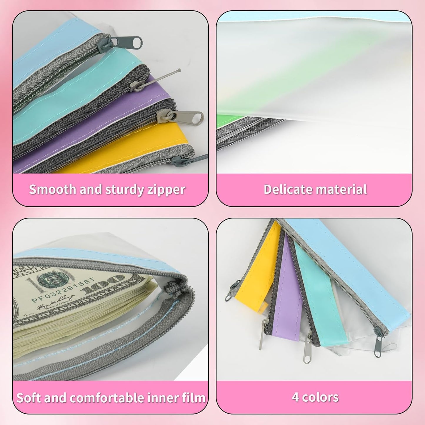 4 Pack Multi-Purpose Money Pouch, Cash Envelopes with Zipper, Money Bags Clear Bank Deposit Coin Bag for Coin, Deposit, Checks, Receipts, Passport (Color B)