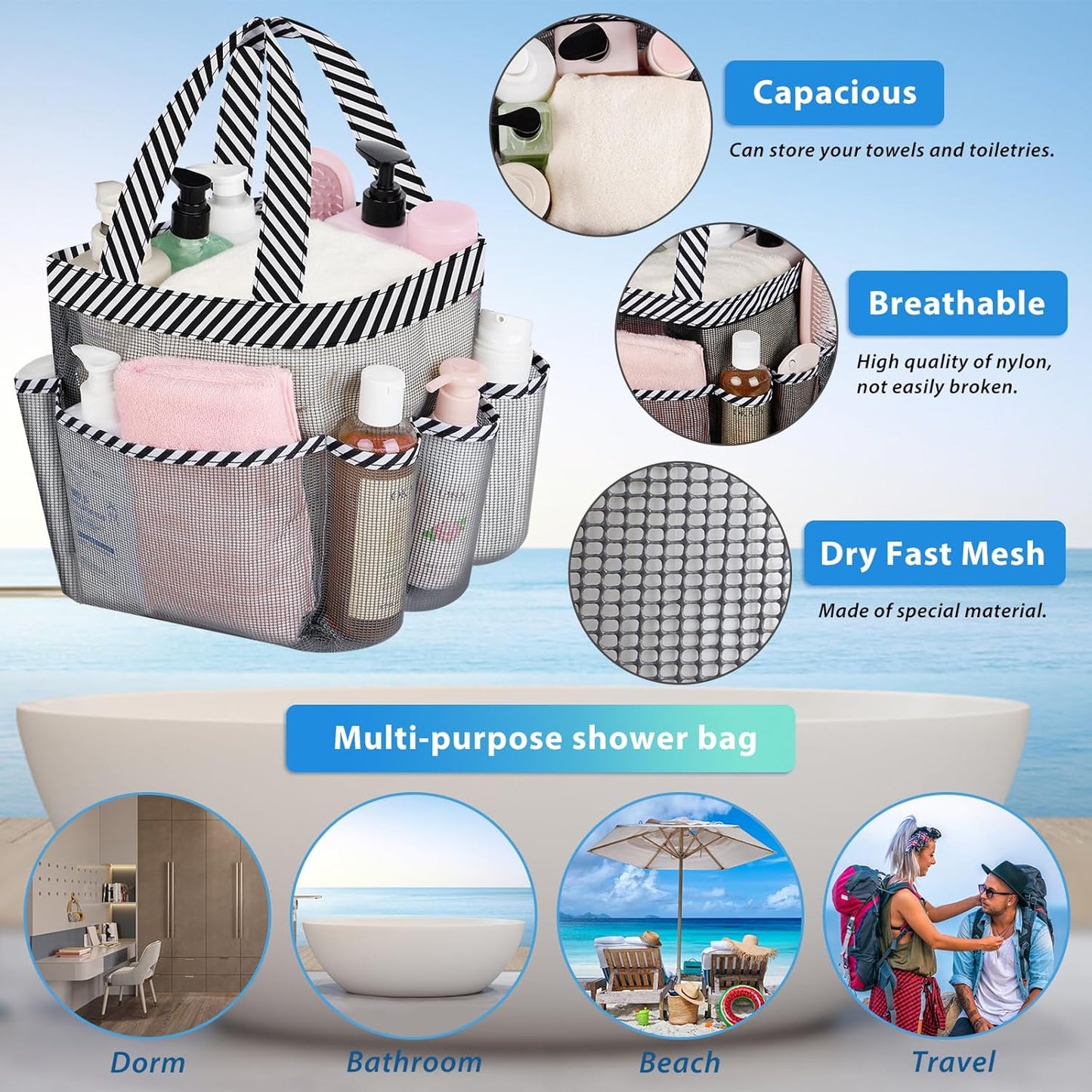 2 Pack Mesh Shower Caddy Portable for College Dorm Room Essentials with 8 Pockets, Hanging Shower Caddy Dorm Basket, Quick Dry Shower Bag for Bathroom