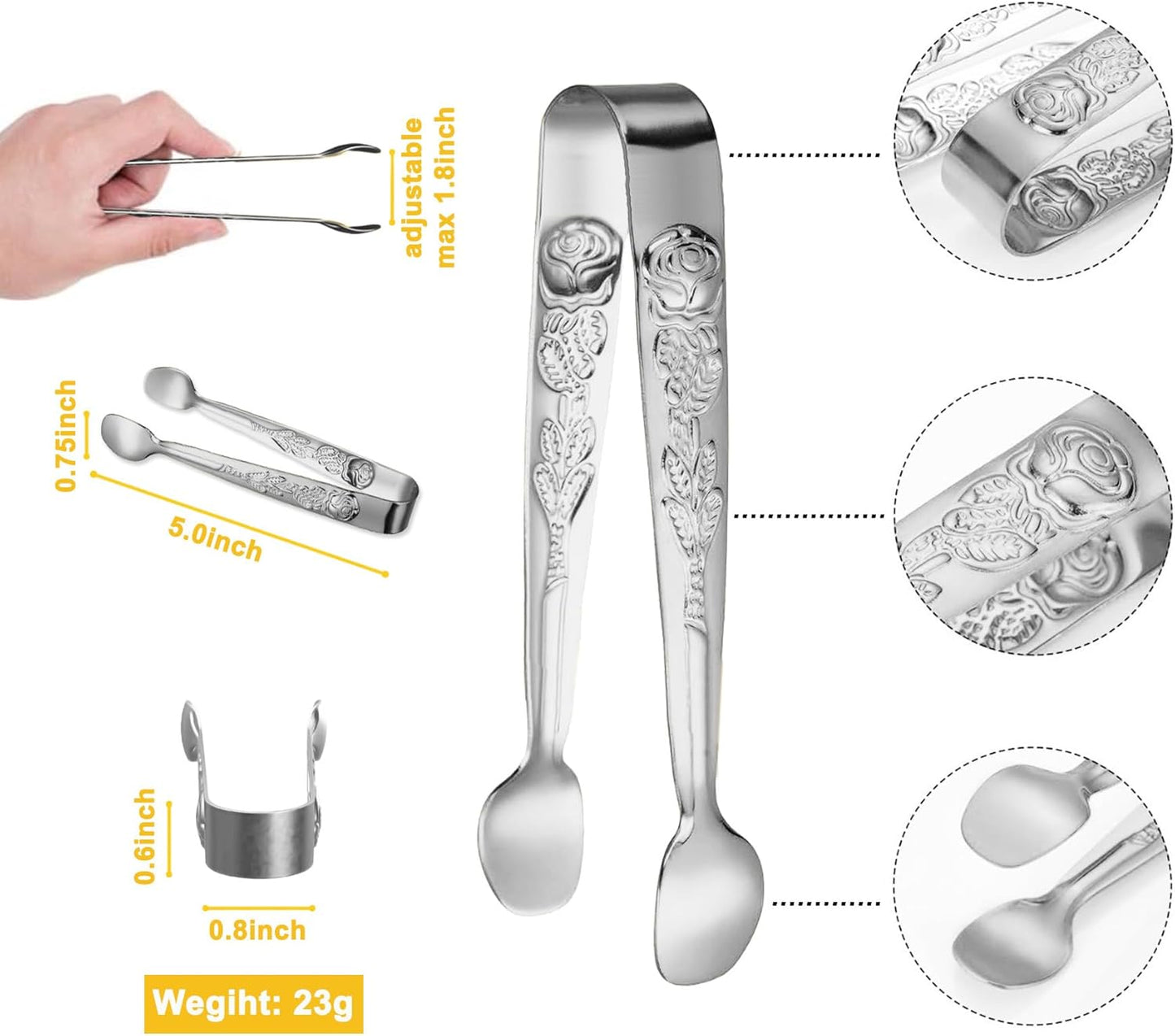 6PCS Mini Serving Tongs 5-Inch Small Sugar Tongs, Tiny Stainless Steel Kitchen Tong for Appetizers, Tea Party, Coffee Bar, Desserts (Silver)