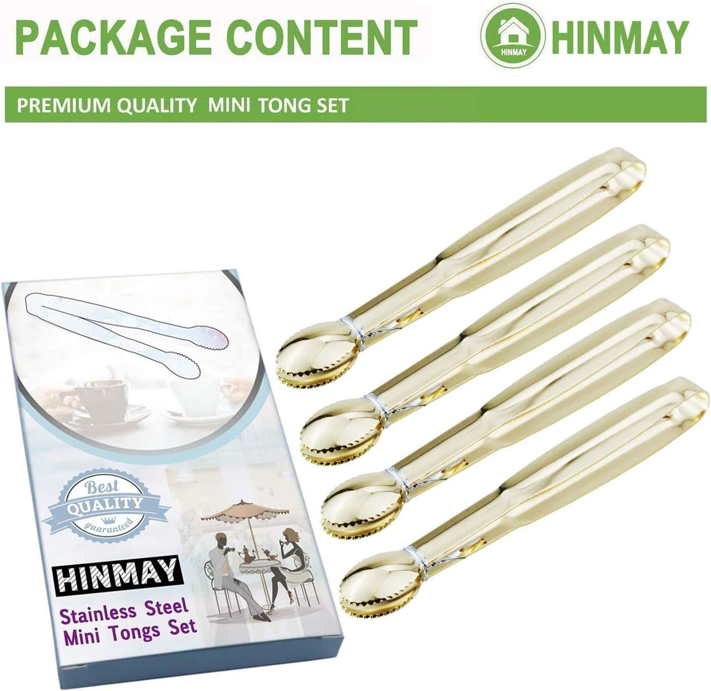 5.75" Mini Appetizer Tongs Set, Tiny Stainless Steel Small Tongs for Serving, Tea Party, Coffee Bar, Desserts, Set of 4 (Gold)