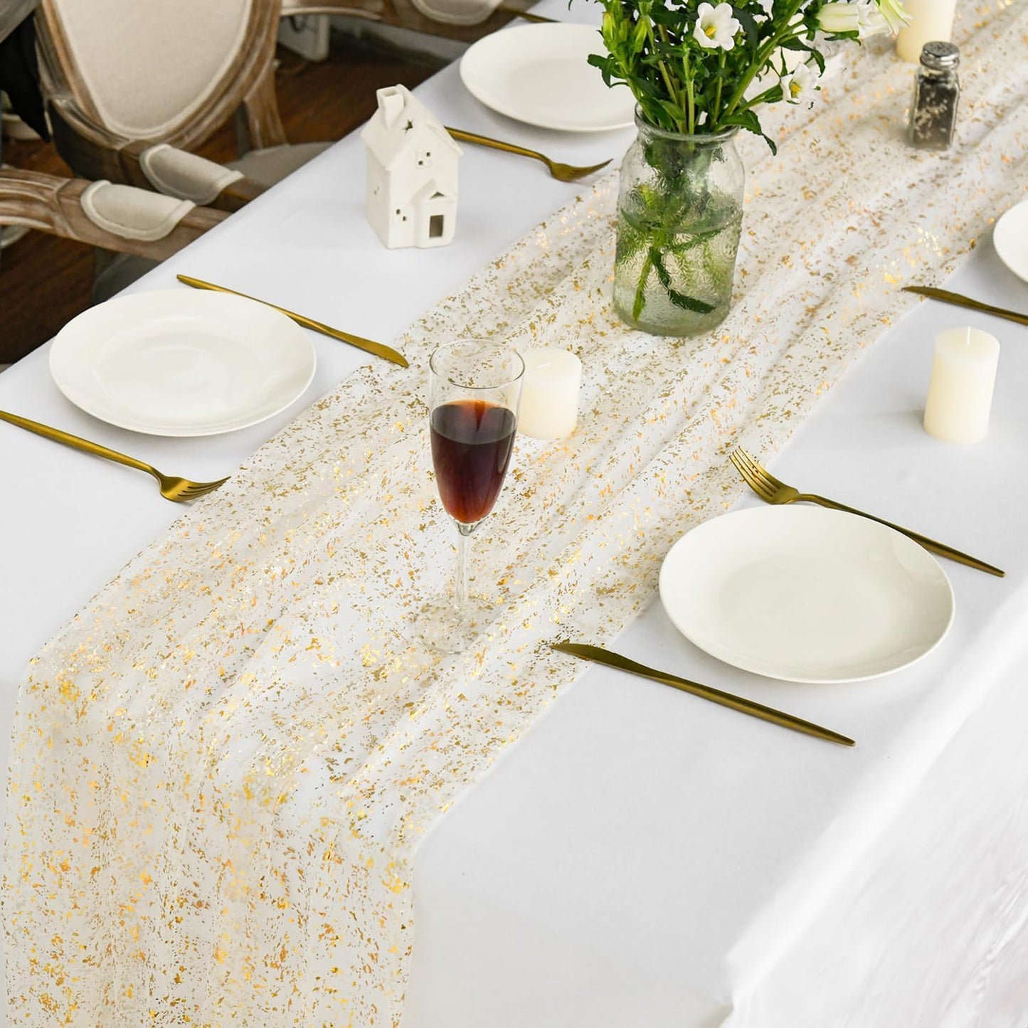 Beige Gold Gauze Table Runner 120 Inch 10FT, Glitter llic Foil Sheer Dining Wedding Anniversary Holiday Birthday Table Decor for Home Party