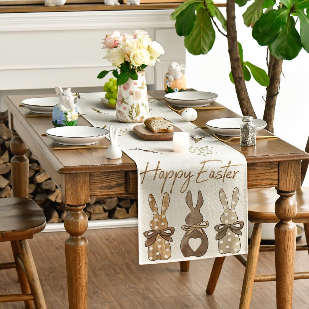 Carrots Rabbit Bunny Happy Easter Table Runner, Spring Summer Seasonal Holiday Kitchen Dining Table Decoration for Indoor Outdoor Home Party Decor 13 x 72 Inch