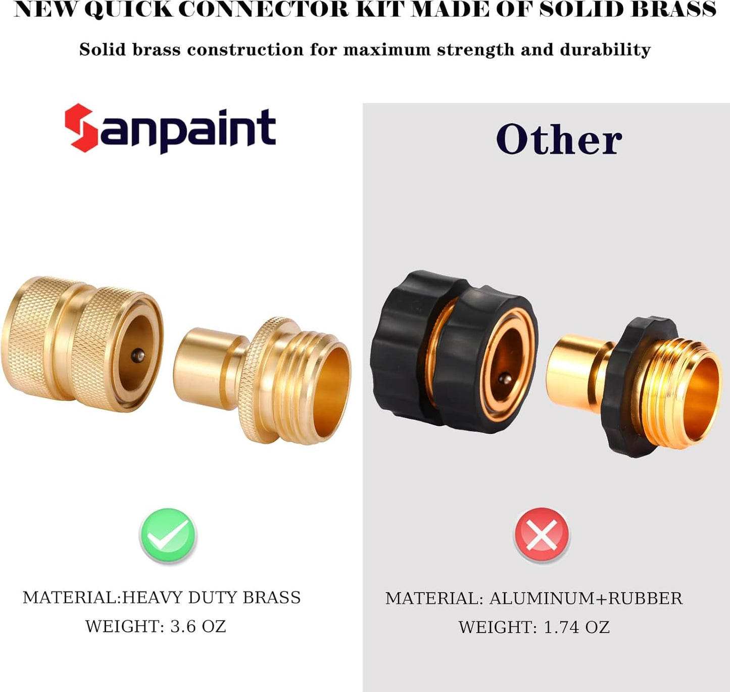 3/4 Inch Brass Garden Hose Fitting Quick Connector Male and Female Set, 2 Set