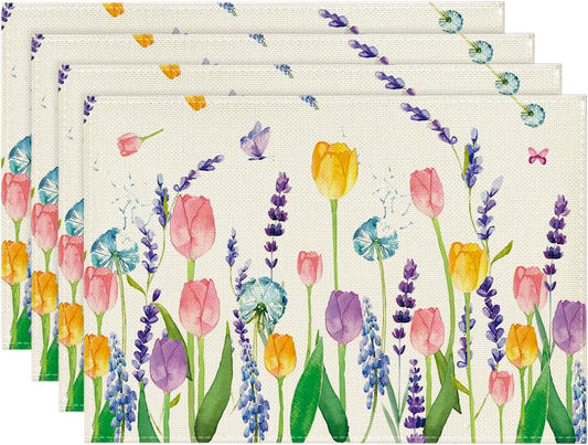 Lavender Tulip Spring Placemats for Dining Table, 12 x 18 Inch Summer Seasonal Holiday Decoration Rustic Vintage Washable Table Mats Set of 4