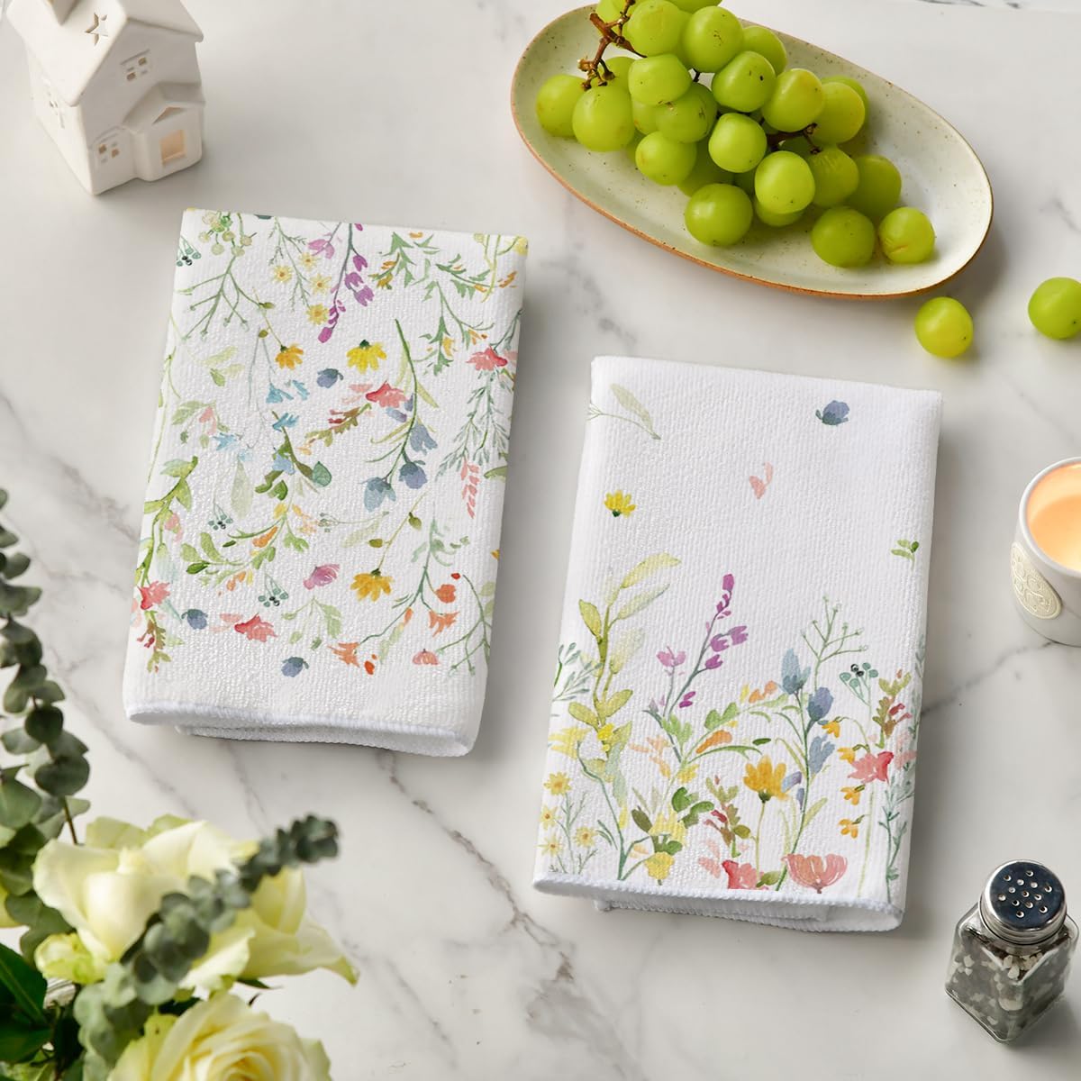 Wildflower Floral Spring Kitchen Towels Dish Towels, 18x26 Inch Farmhouse Summer Decoration Hand Towels Set of 2