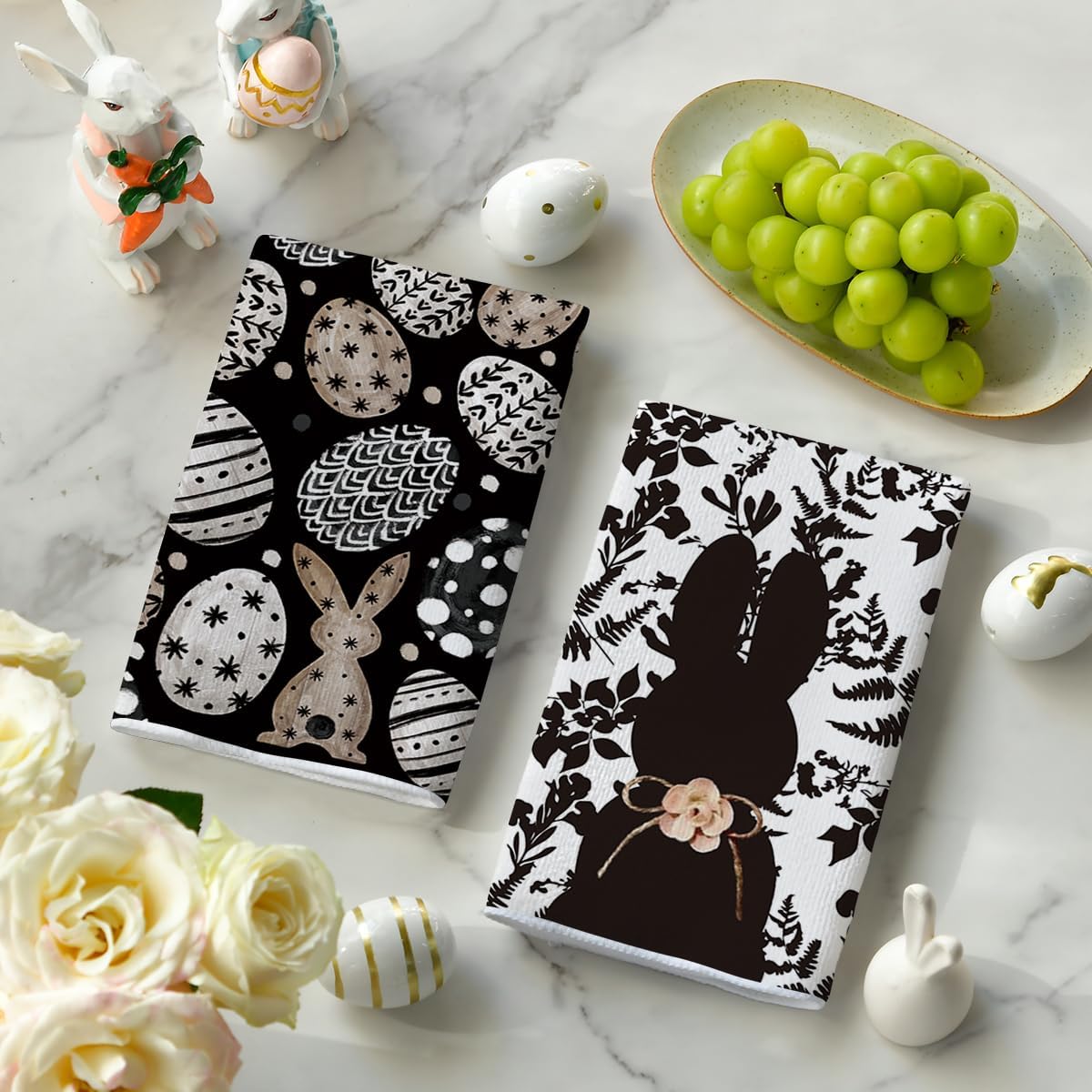 Black Bunny Eggs Flower Easter Kitchen Towels Dish Towels, 18x26 Inch Spring Farmhouse Leaves Decoration Hand Towels Set of 2