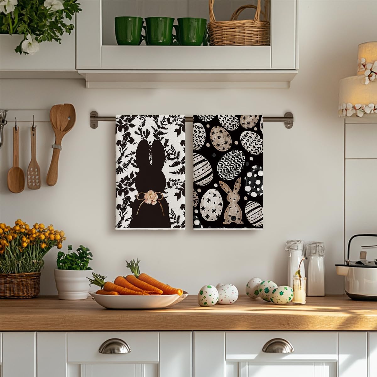 Black Bunny Eggs Flower Easter Kitchen Towels Dish Towels, 18x26 Inch Spring Farmhouse Leaves Decoration Hand Towels Set of 2