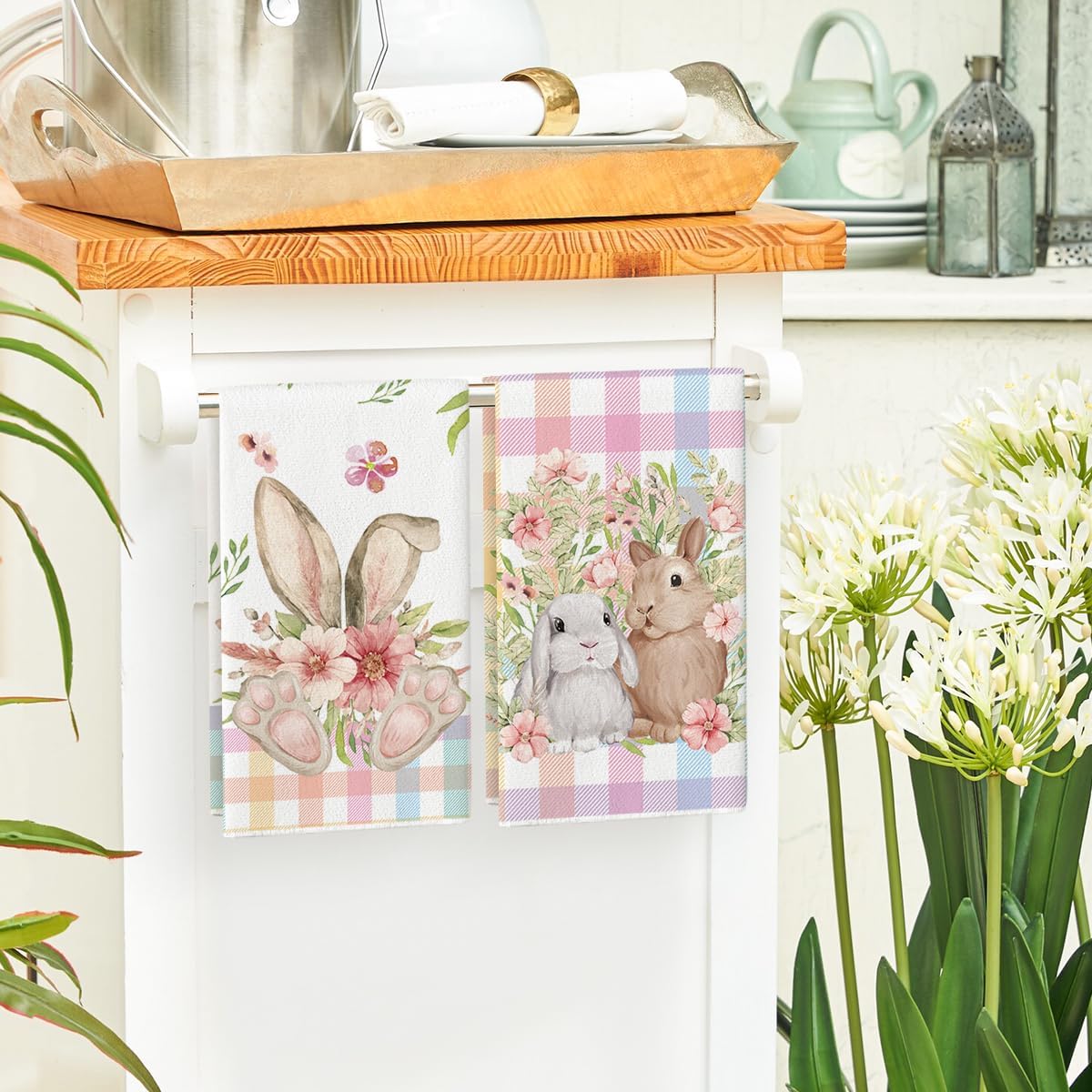 Colorful Buffalo Plaid Bunny Rabbit Flower Easter Kitchen Towels Dish Towels, 18x26 Inch Seasonal Decoration Hand Towels Set of 2