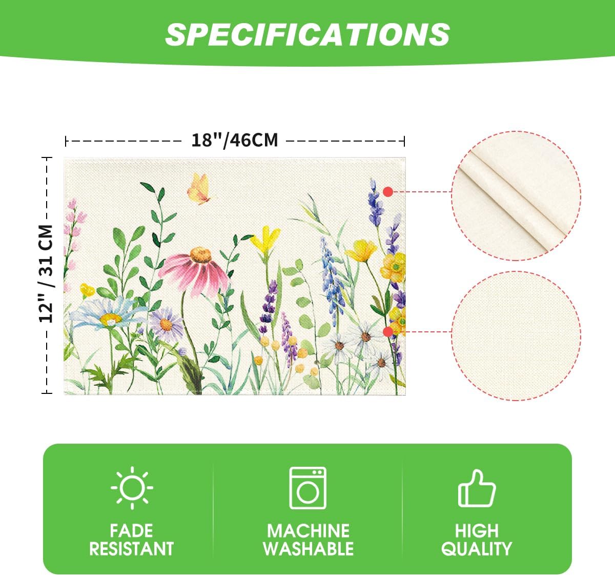Daisy Eucalyptus Lavender Floral Leaves Spring Placemats Set of 4,12x18 Inch Seasonal Table Mats for Party Kitchen Dining Decoration