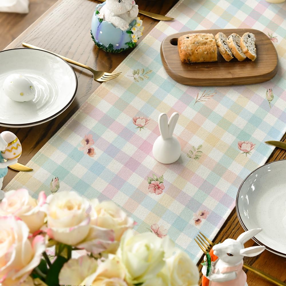 Bunny Rabbit Leaves Floral Easter Table Runner, Seasonal Spring Kitchen Dining Table Decoration for Home Party Decor 13x72 Inch