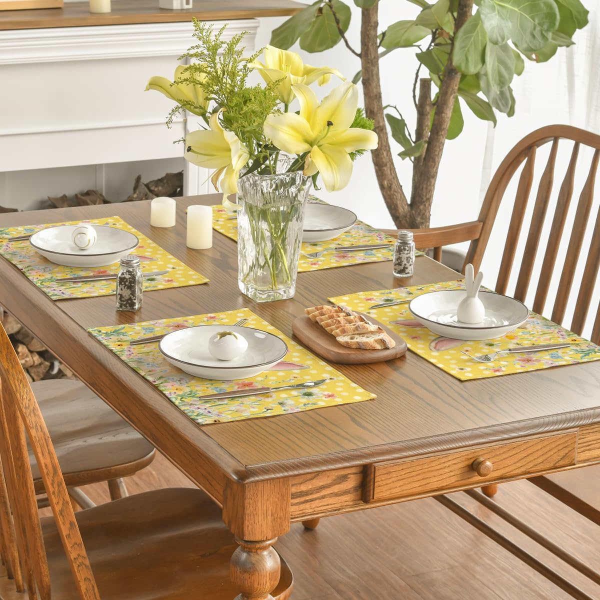 Yellow Bunny Polka Dot Easter Placemats Set of 4, 12x18 Inch Flower Seasonal Spring Holiday Table Mats for Party Kitchen Dining Decoration