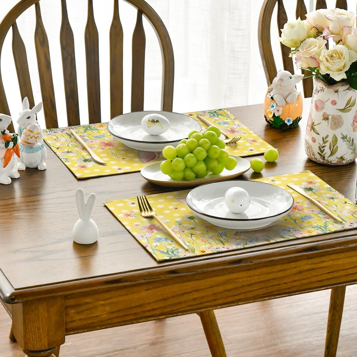 Yellow Bunny Polka Dot Easter Placemats Set of 4, 12x18 Inch Flower Seasonal Spring Holiday Table Mats for Party Kitchen Dining Decoration