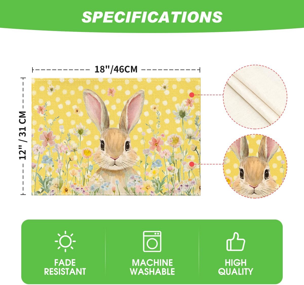 Yellow Bunny Polka Dot Easter Placemats Set of 4, 12x18 Inch Flower Seasonal Spring Holiday Table Mats for Party Kitchen Dining Decoration