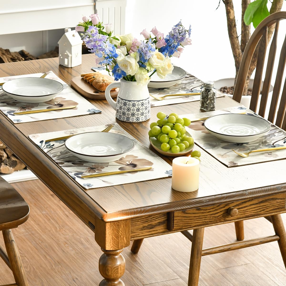 Brown Poppy Floral Leaves Fall Placemats Set of 4, 12x18 Inch Seasonal Spring Table Mats for Party Kitchen Dining Decoration