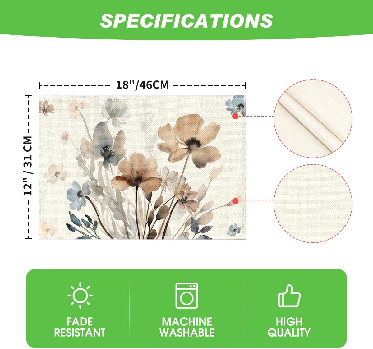 Brown Poppy Floral Leaves Fall Placemats Set of 4, 12x18 Inch Seasonal Spring Table Mats for Party Kitchen Dining Decoration