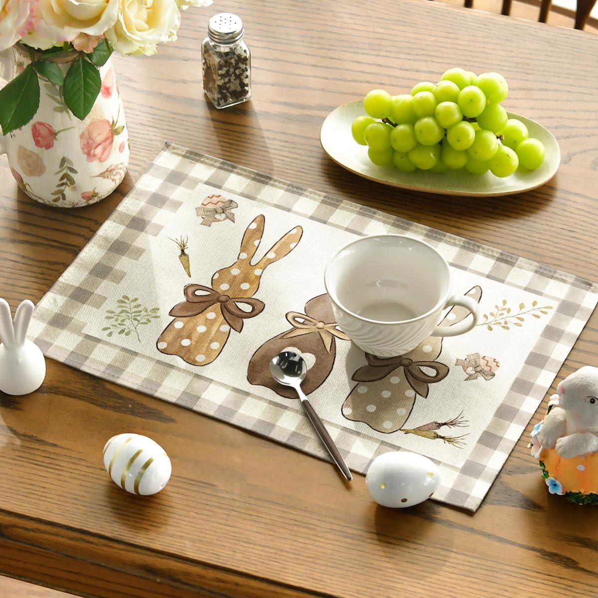 Buffalo Plaid Bunny Happy Easter Placemats Set of 4, 12x18 Inch Seasonal Holiday Table Mats for Party Kitchen Dining Decoration