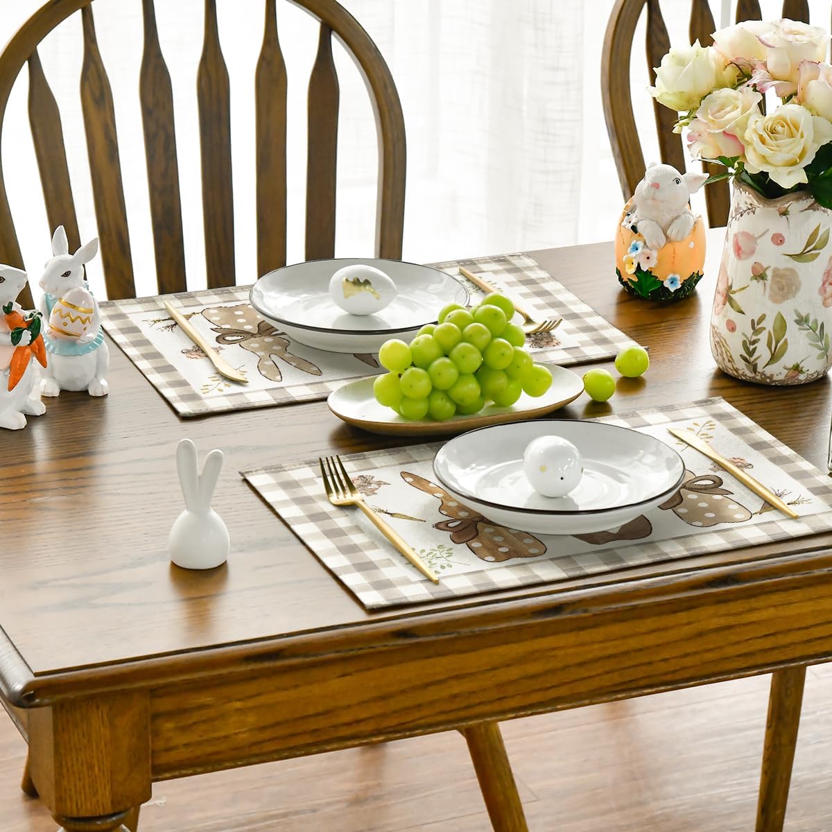 Buffalo Plaid Bunny Happy Easter Placemats Set of 4, 12x18 Inch Seasonal Holiday Table Mats for Party Kitchen Dining Decoration