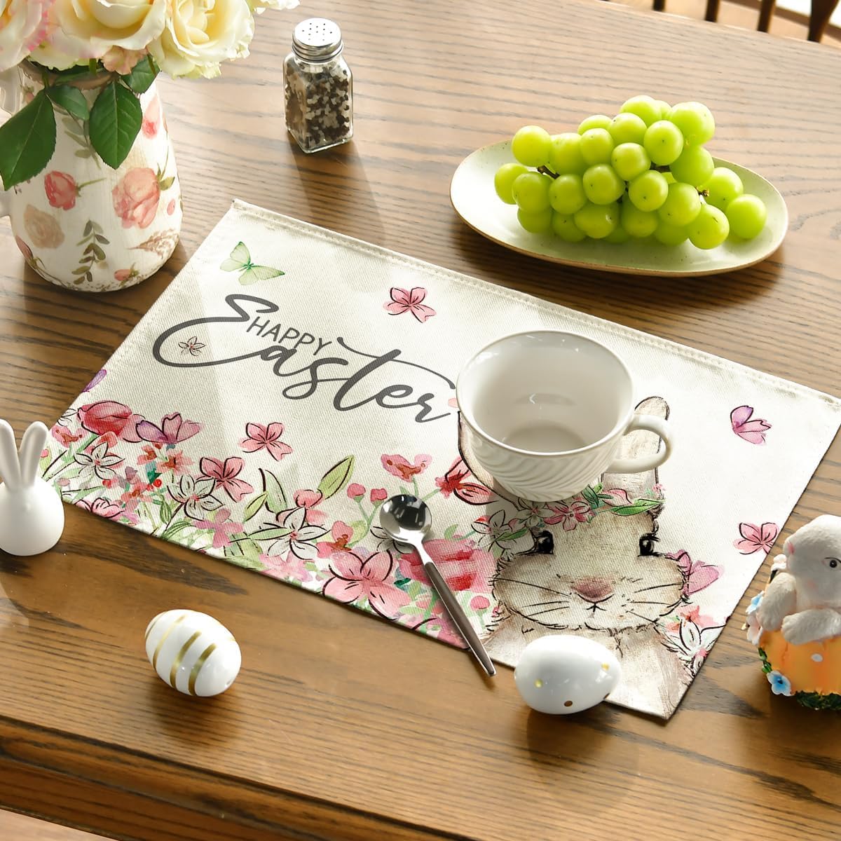 Floral Bunny Rabbit Easter Placemats Set of 4, 12x18 Inch Seasonal Spring Table Mats for Party Kitchen Dining Decoration