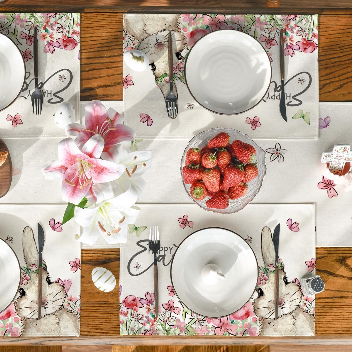Floral Bunny Rabbit Easter Placemats Set of 4, 12x18 Inch Seasonal Spring Table Mats for Party Kitchen Dining Decoration
