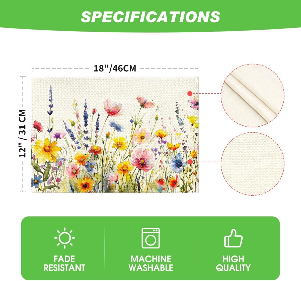 Daisy Lavender Floral Leaves Spring Placemats Set of 4,12x18 Inch Seasonal Spring Table Mats for Party Kitchen Dining Decoration