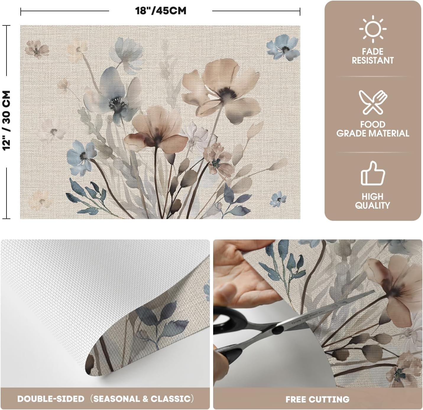 Brown Poppy Floral Vinyl Plastic Placemats Set of 4, Washable Non-Slip PVC Table Mats for Party Kitchen Dining Decor, 12x18 Inch