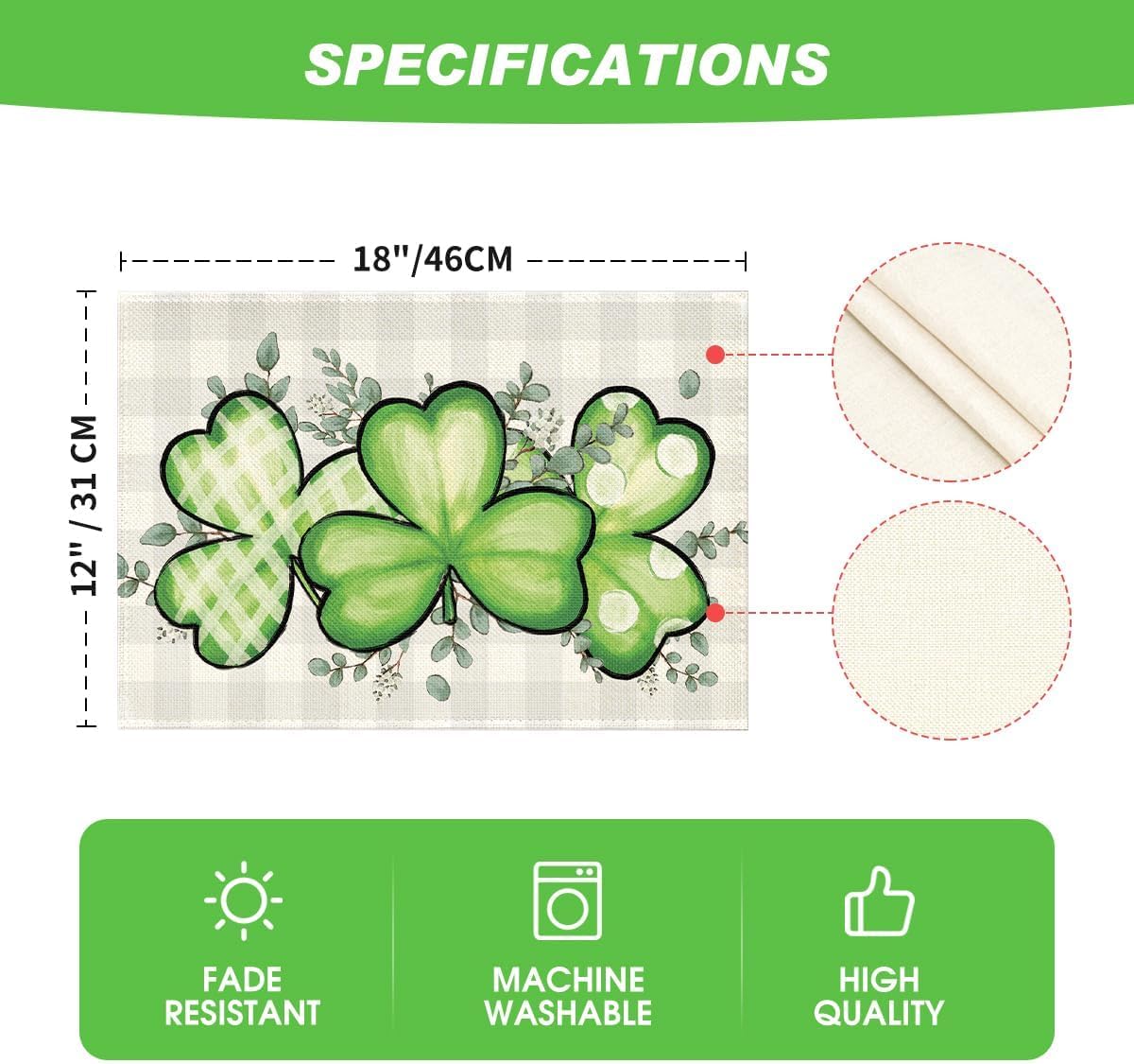 Bufflao Plaid Shamrock St. Patrick's Day Placemats Set of 4, 12x18 Inch Seasonal Spring Table Mats for Party Kitchen Dining Decoration