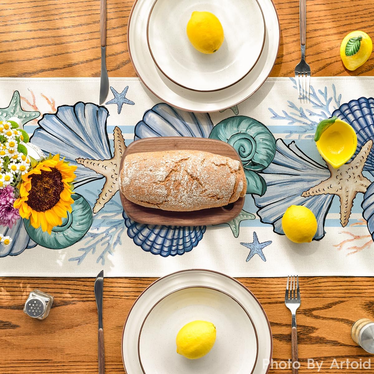 Sea Shell Starfish Summer Table Runner,Spring Ocean Kitchen Dining Table Decoration for Home Party Decor 13x72 Inch