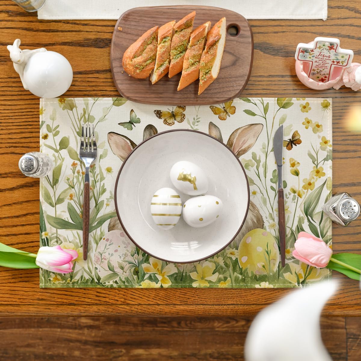 Egg Bunny Rabbit Butterfly Floral Easter Placemats Set of 4, 12x18 Inch Spring Table Mats for Outdoor Home Party Kitchen Dining Decor