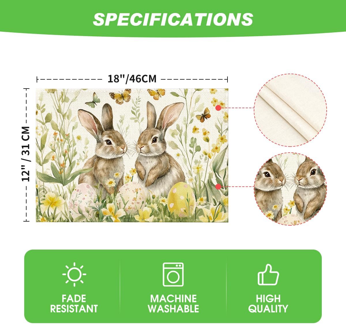 Egg Bunny Rabbit Butterfly Floral Easter Placemats Set of 4, 12x18 Inch Spring Table Mats for Outdoor Home Party Kitchen Dining Decor