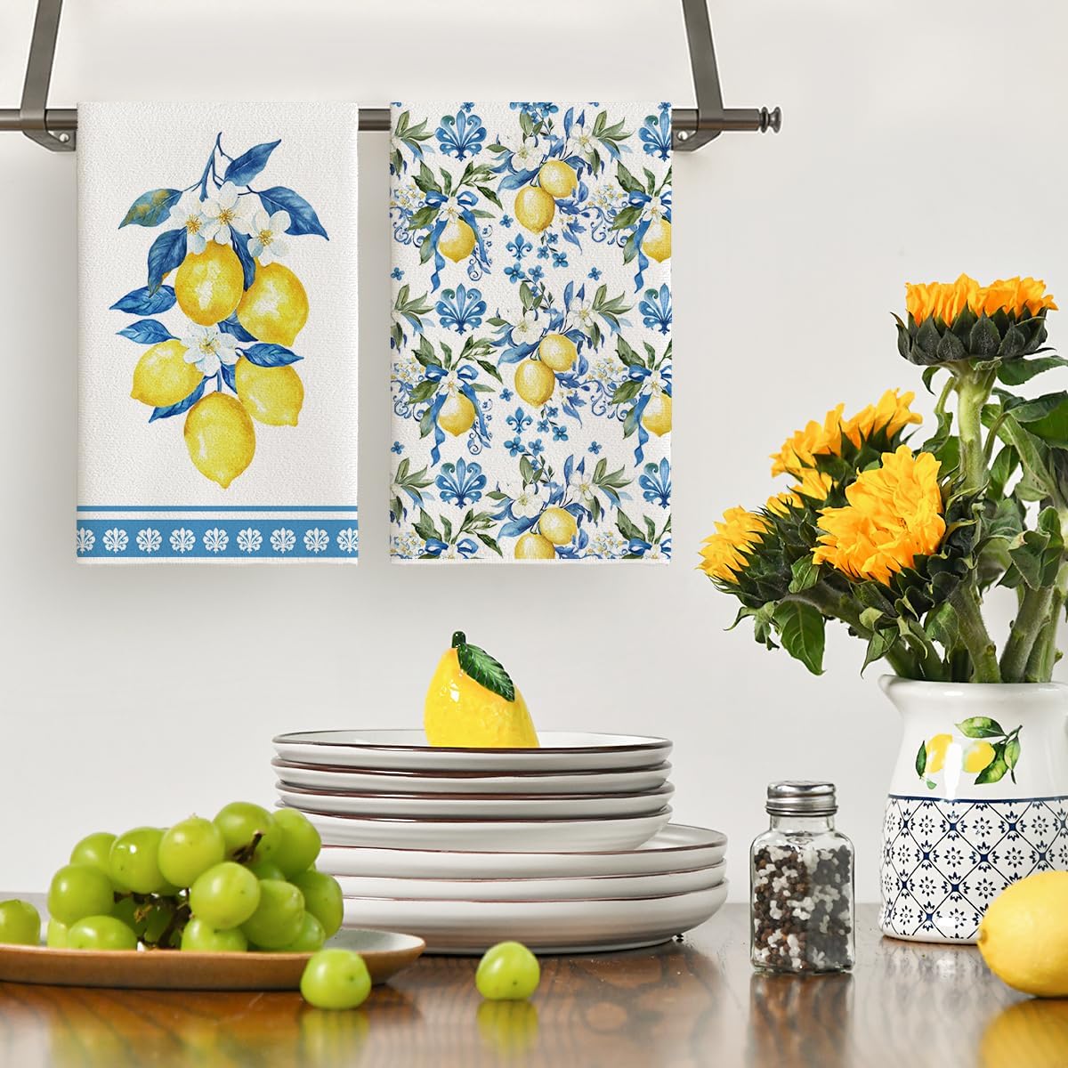 Lemon Flowers Floral Summer Kitchen Towels Dish Towels, 18x26 Inch Seasonal Decoration Hand Towels Set of 2