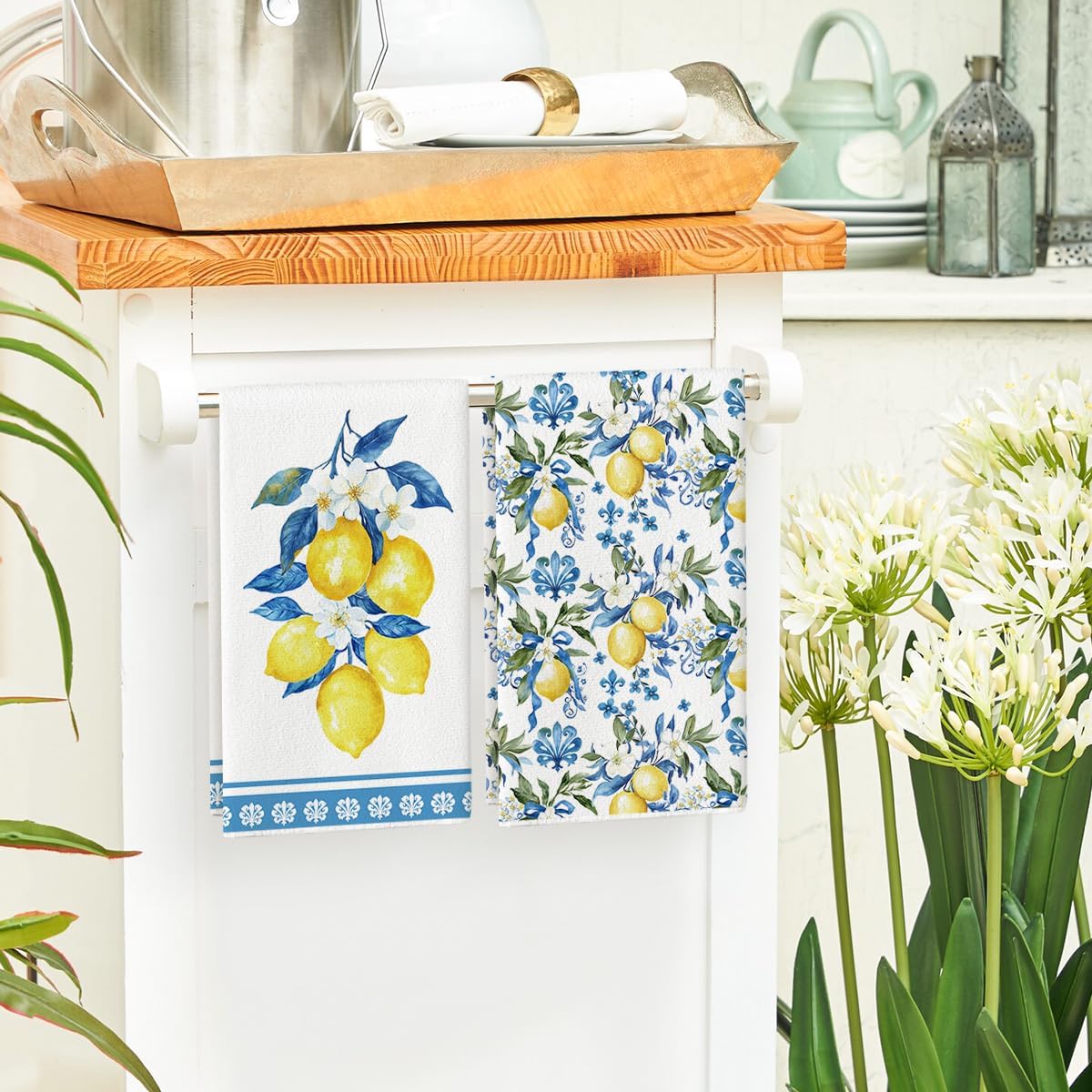 Lemon Flowers Floral Summer Kitchen Towels Dish Towels, 18x26 Inch Seasonal Decoration Hand Towels Set of 2