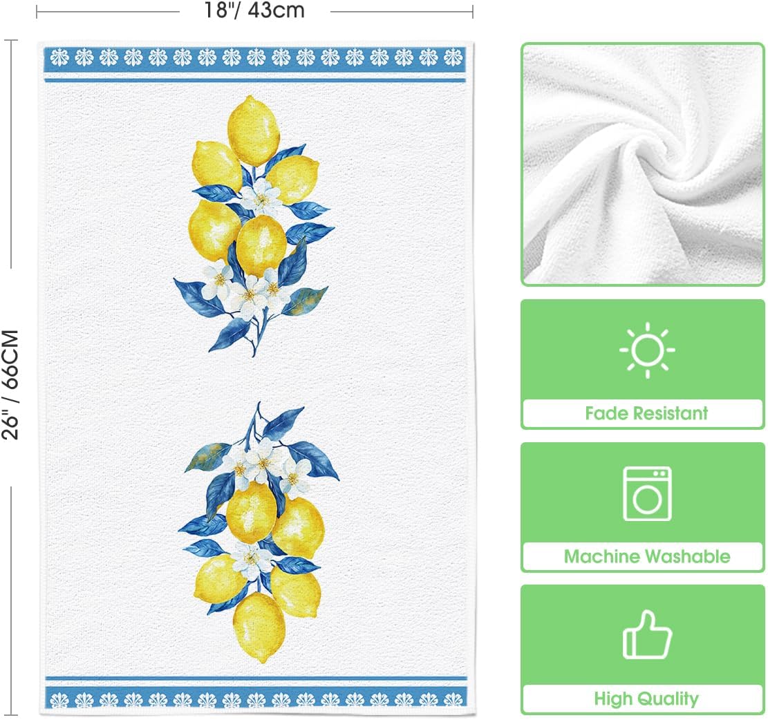 Lemon Flowers Floral Summer Kitchen Towels Dish Towels, 18x26 Inch Seasonal Decoration Hand Towels Set of 2