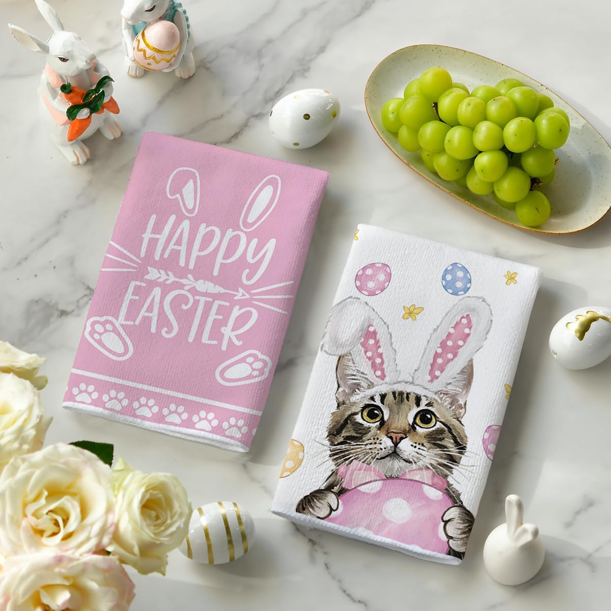 Pink Rabbit Ears Cat Eggs Happy Easter Kitchen Towels Dish Towels, 18x26 Inch Spring Summer Holiday Decoration Hand Towels Set of 2